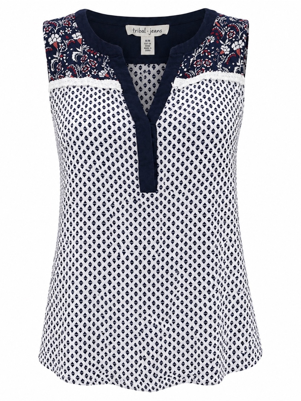 Tribal Jeans Sleeveless Floral Trim Tank Top Medium Navy White